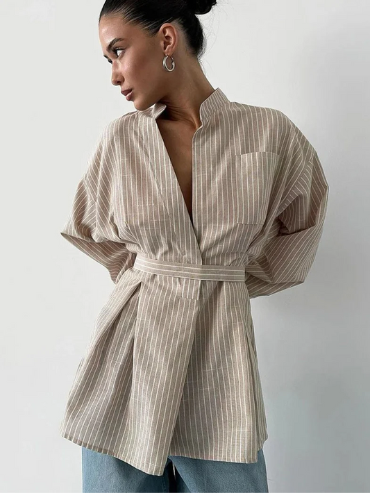 Camisa de Rayas Marrones de Corte Relajado