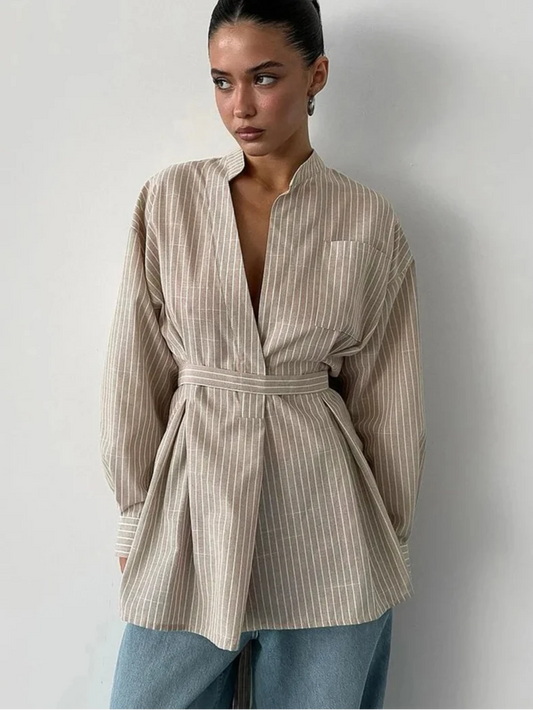Camisa de Rayas Marrones de Corte Relajado