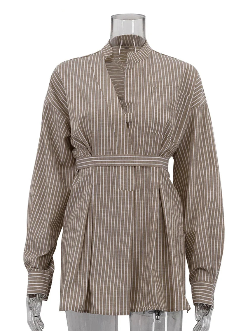 Camisa de Rayas Marrones de Corte Relajado